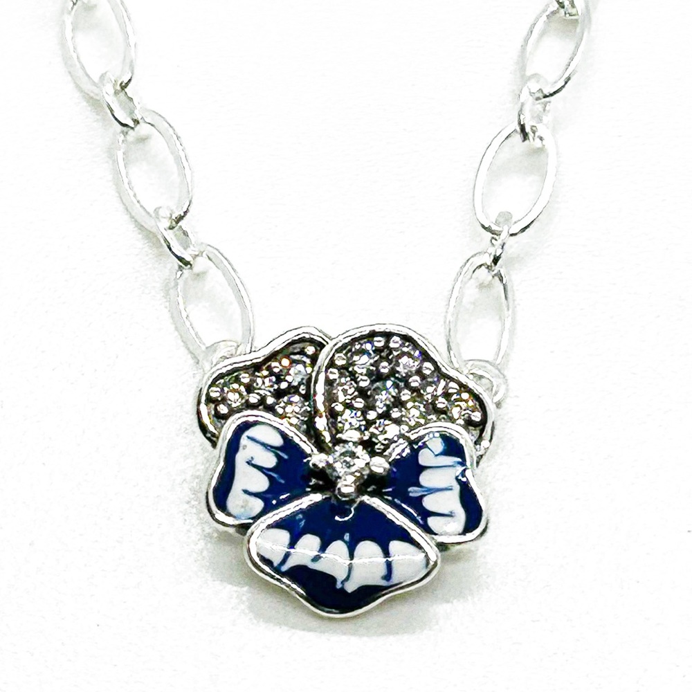 NWOT Sterling Silver, blue pansy necklace 16"to  18" Long.